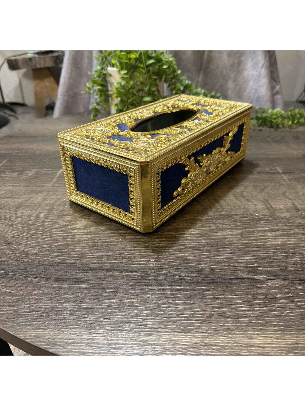 Hollywood Regency Vintage Blue & Gold Ornate Rose Tissue Box Cover Plastic